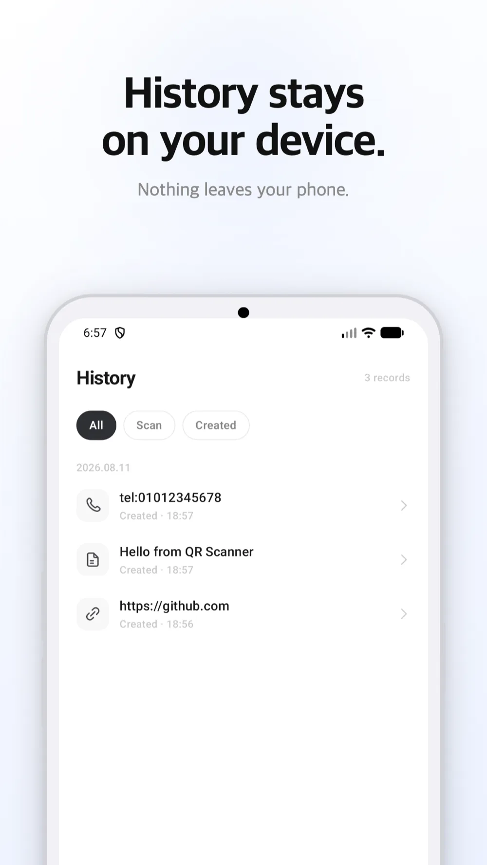 History screen — records stored on device only