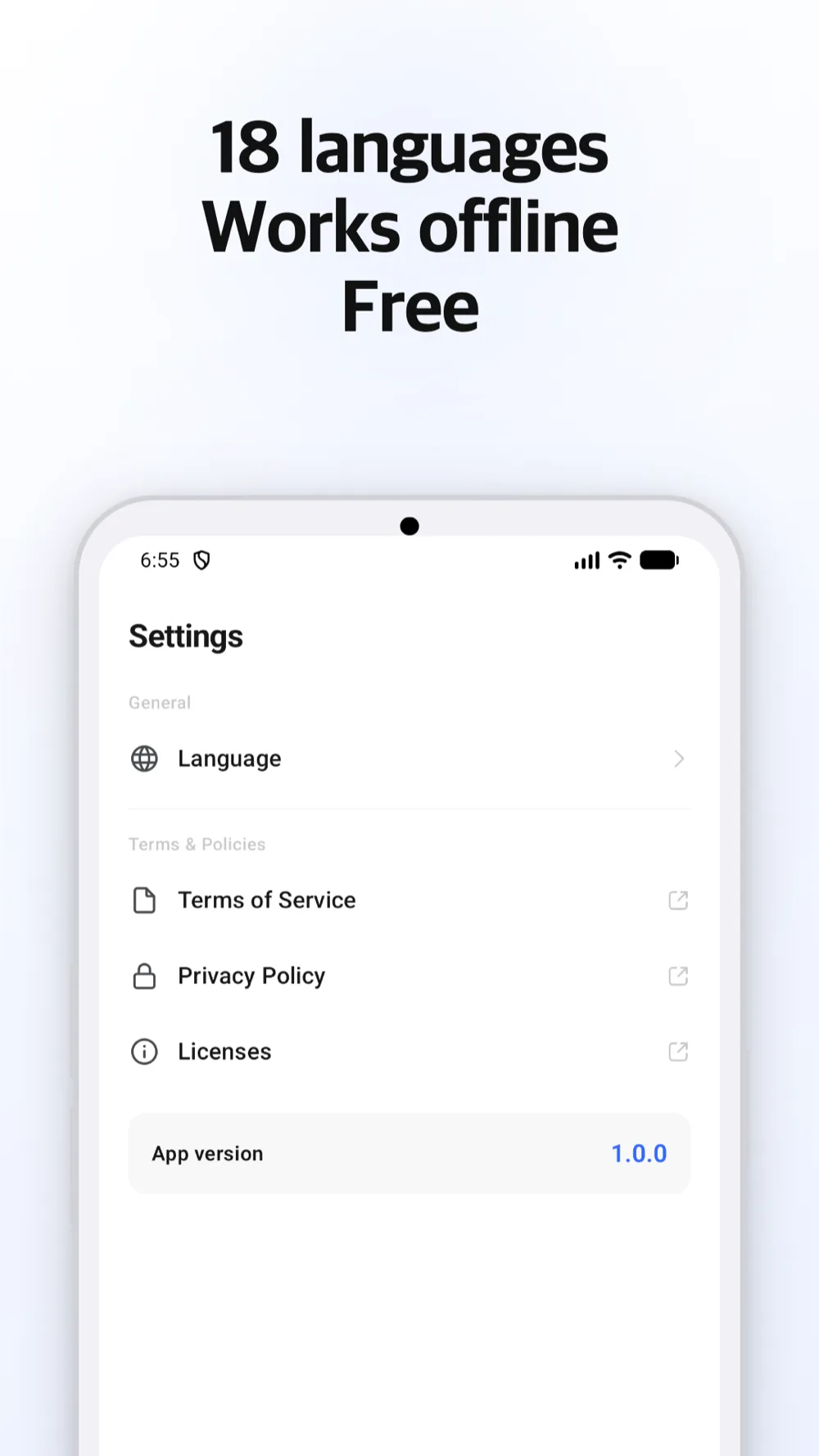 Settings screen — languages, terms, app version
