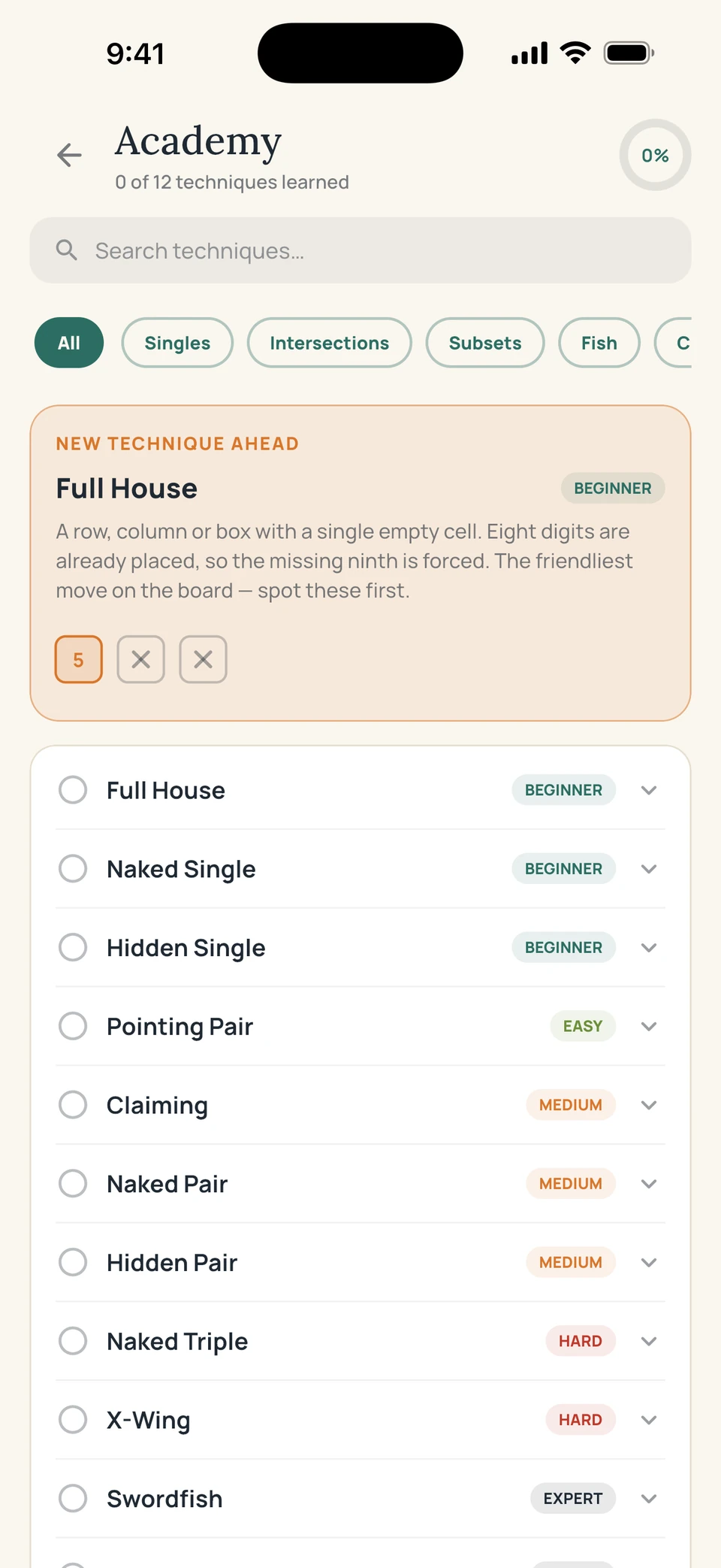 Sudoku Voyage Academy screen — Where the techniques are taught.