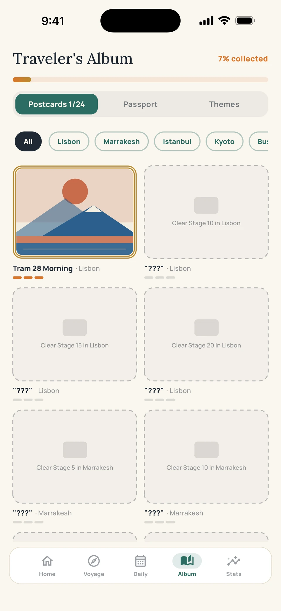 Sudoku Voyage Album screen — Every postcard you have earned.