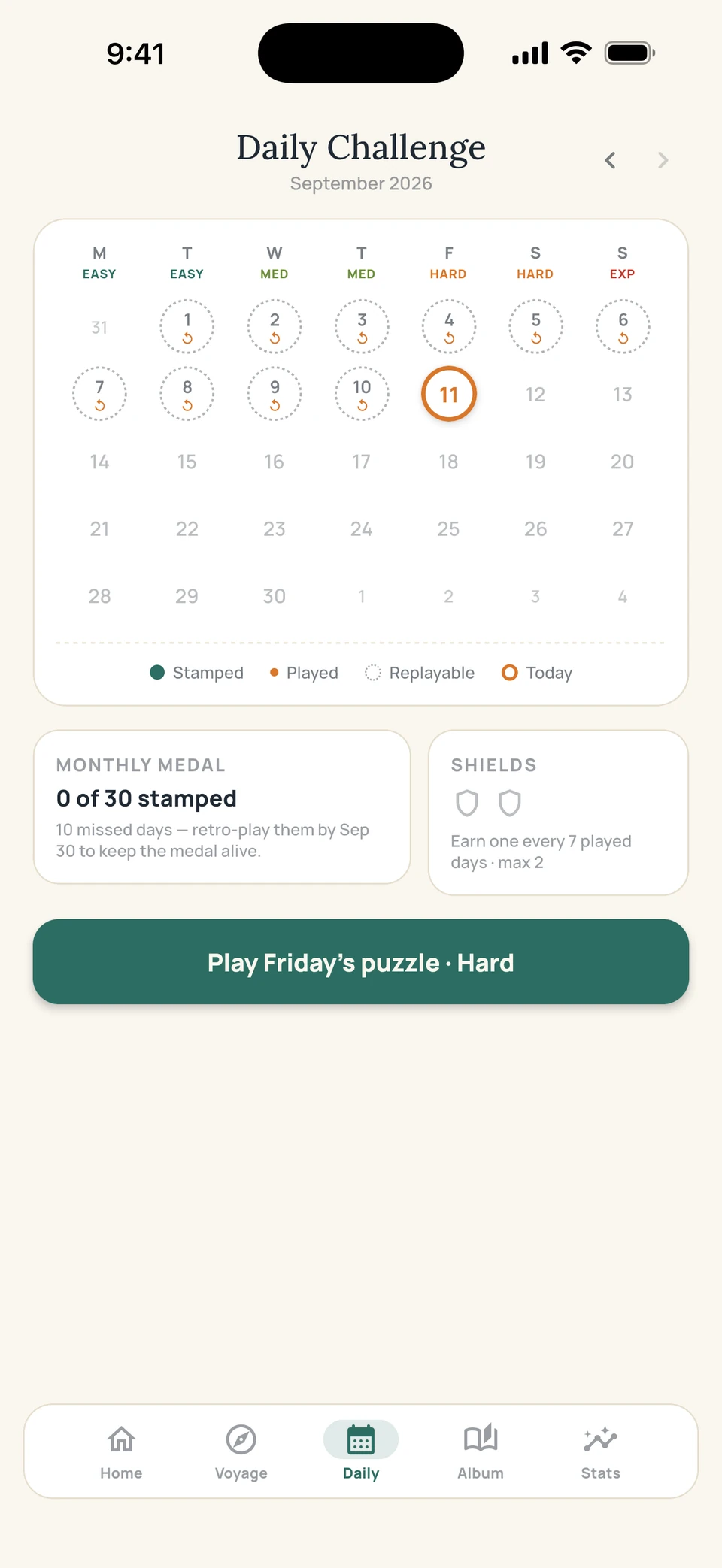 Sudoku Voyage Daily screen — One puzzle a day, one stamp.