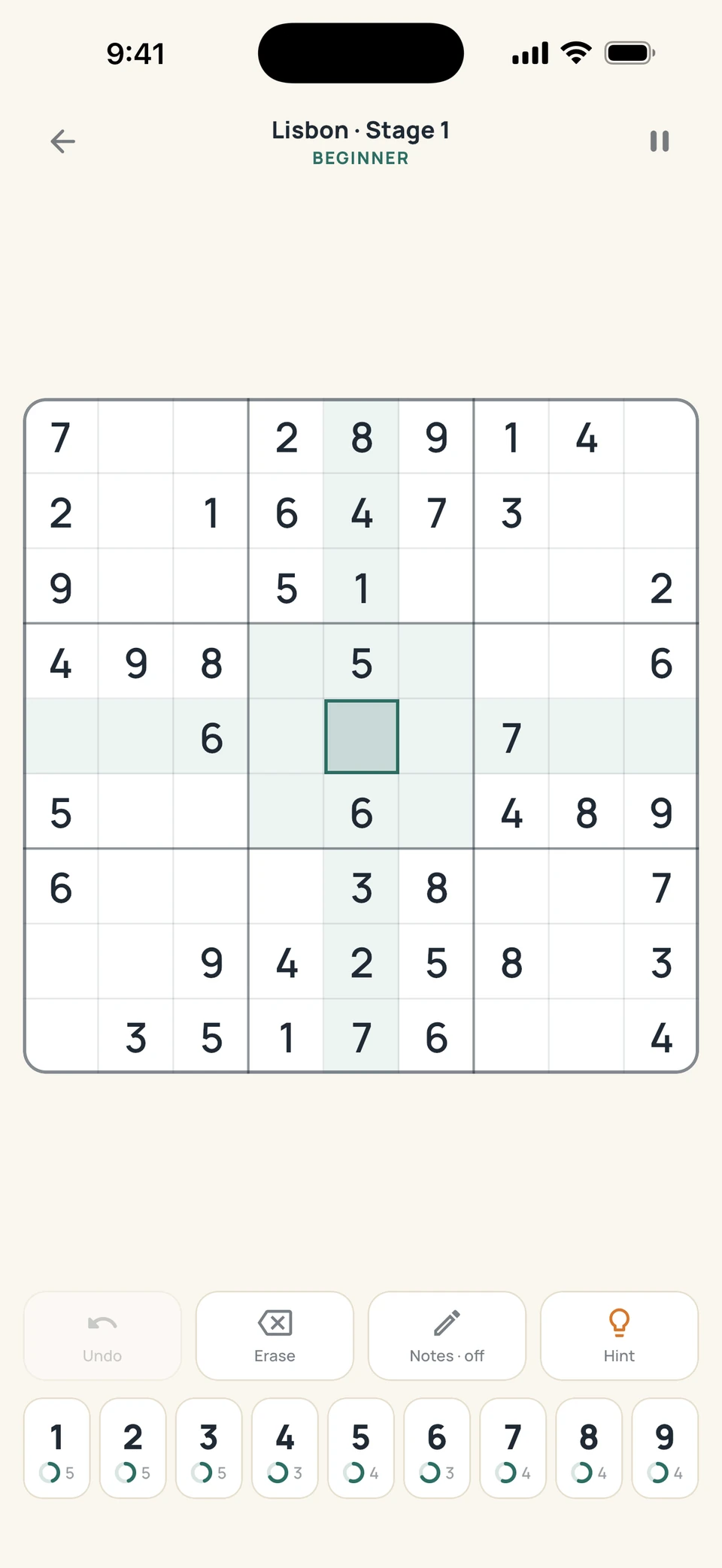 Sudoku Voyage Game screen — Pick a cell and the path shows itself.