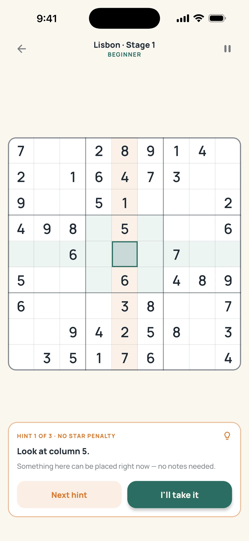Sudoku Voyage Guided hints — One hint. A clearer path.