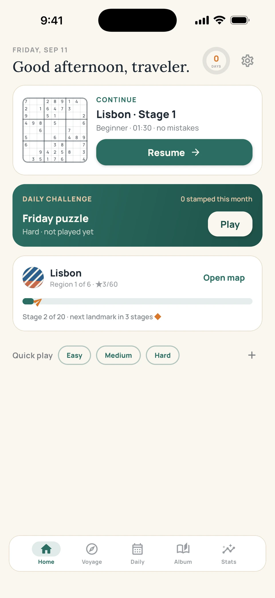 Sudoku Voyage Home screen — Back in the puzzle in three seconds.