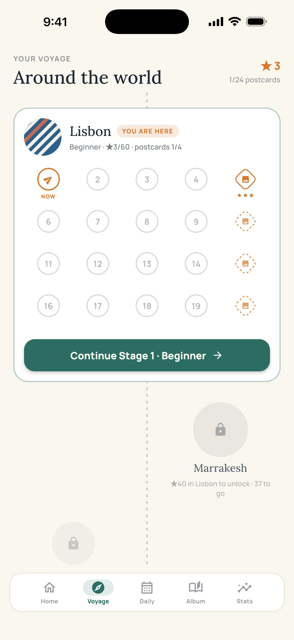 Sudoku Voyage map — stages in Lisbon and requirements for the next region