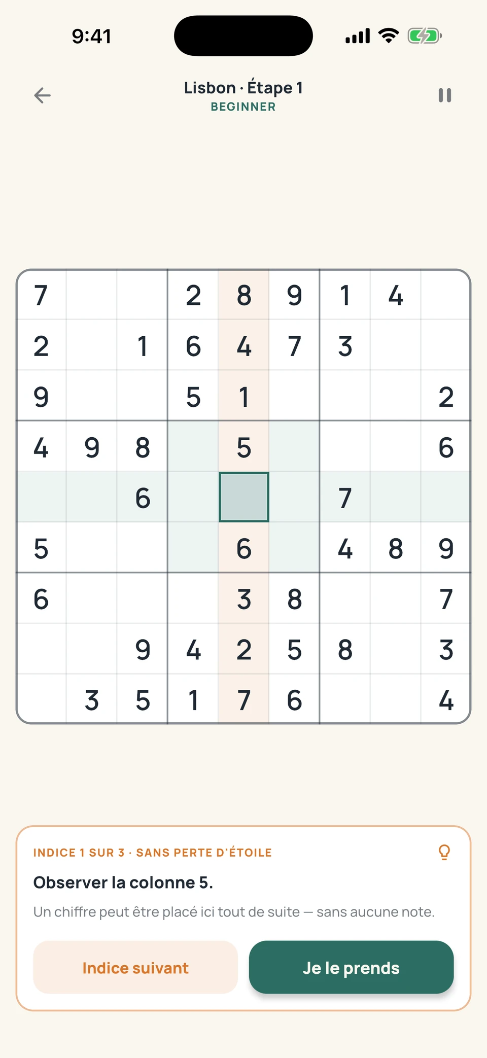 Sudoku Voyage — Un indice. La voie s’éclaire.