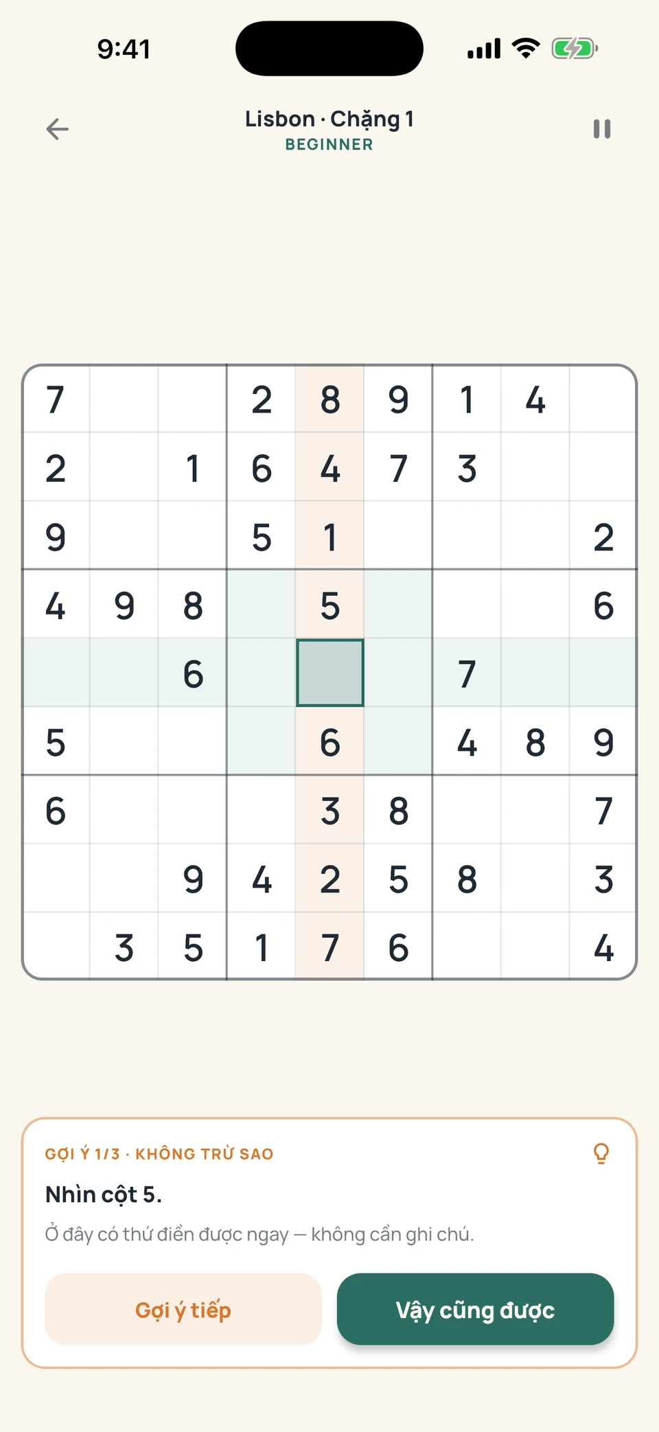 Sudoku Voyage — Một gợi ý. Hướng đi rõ hơn.