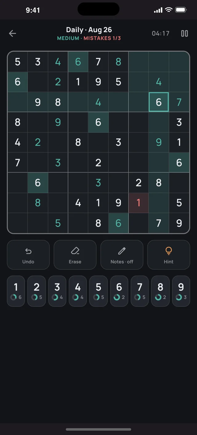 Sudoku Voyage Dark mode screen — A genuinely dark board, for solving at night.