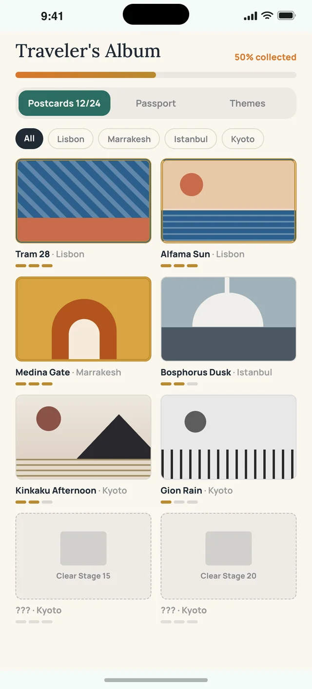 Sudoku Voyage Album screen — Every postcard you have earned.