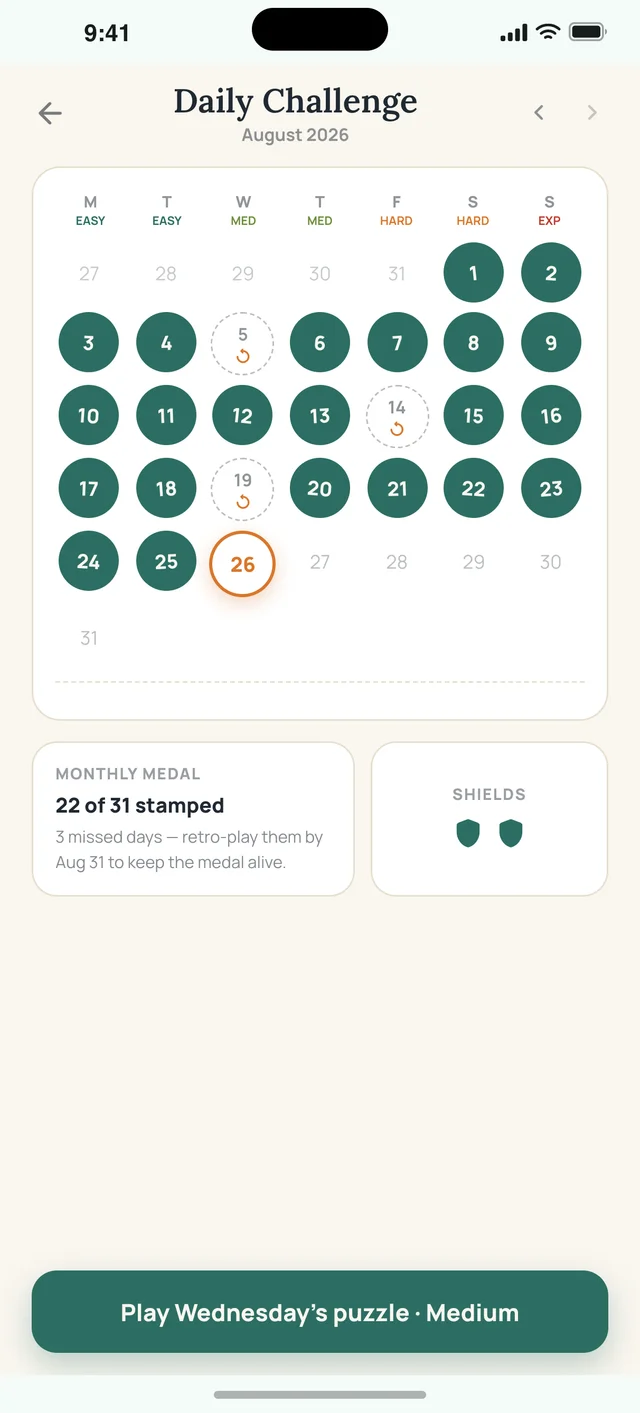 Sudoku Voyage Daily screen — One puzzle a day, one stamp.