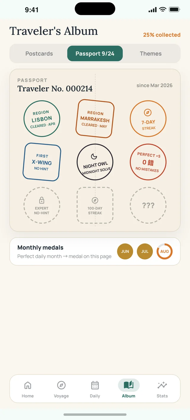 Sudoku Voyage Passport screen — A record of where you have been.