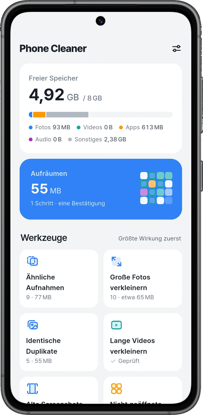 Startseite mit Speicheranzeige und Werkzeugen zum Aufräumen