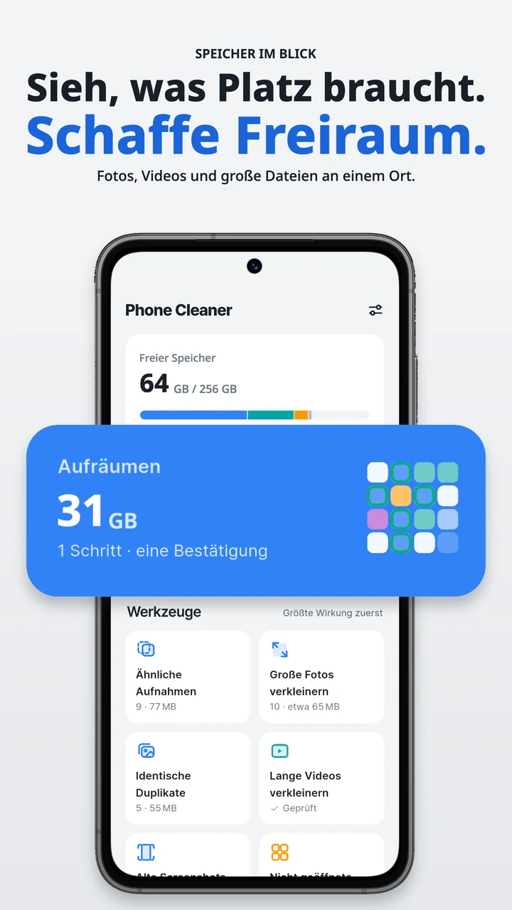 Startseite mit Speicherübersicht und Werkzeugen zum Aufräumen