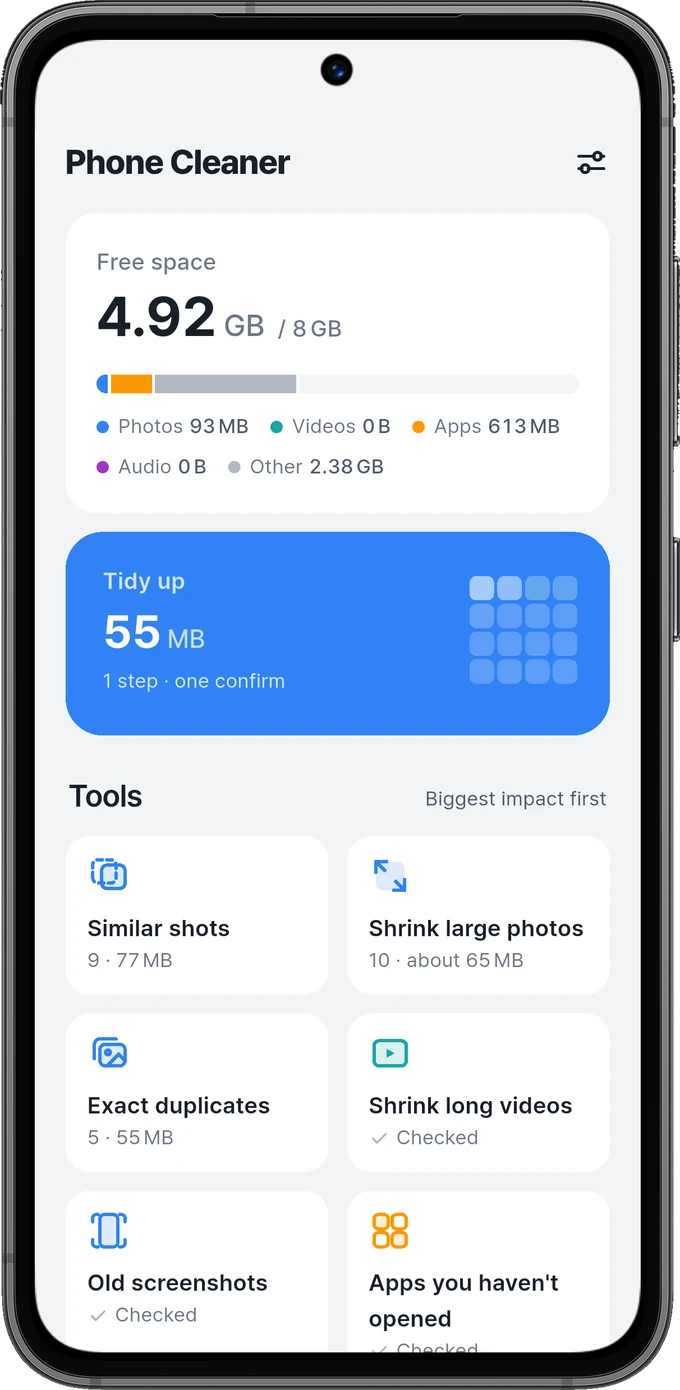 Home screen showing storage and cleaning tools