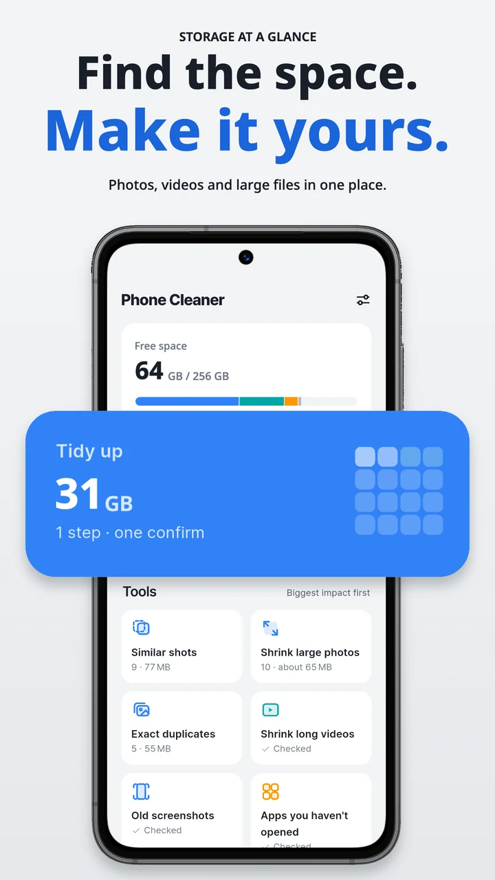 Home screen with storage overview and cleanup tools