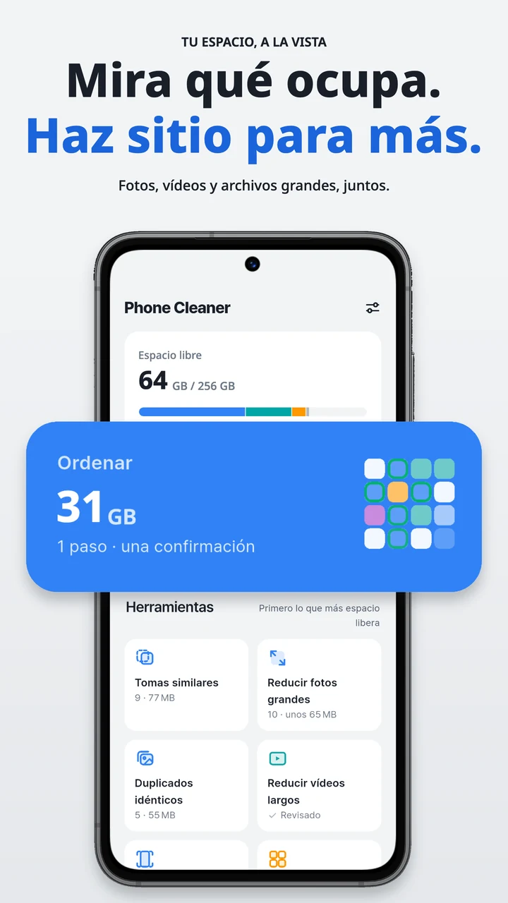 Pantalla de inicio con un resumen del almacenamiento y herramientas de limpieza