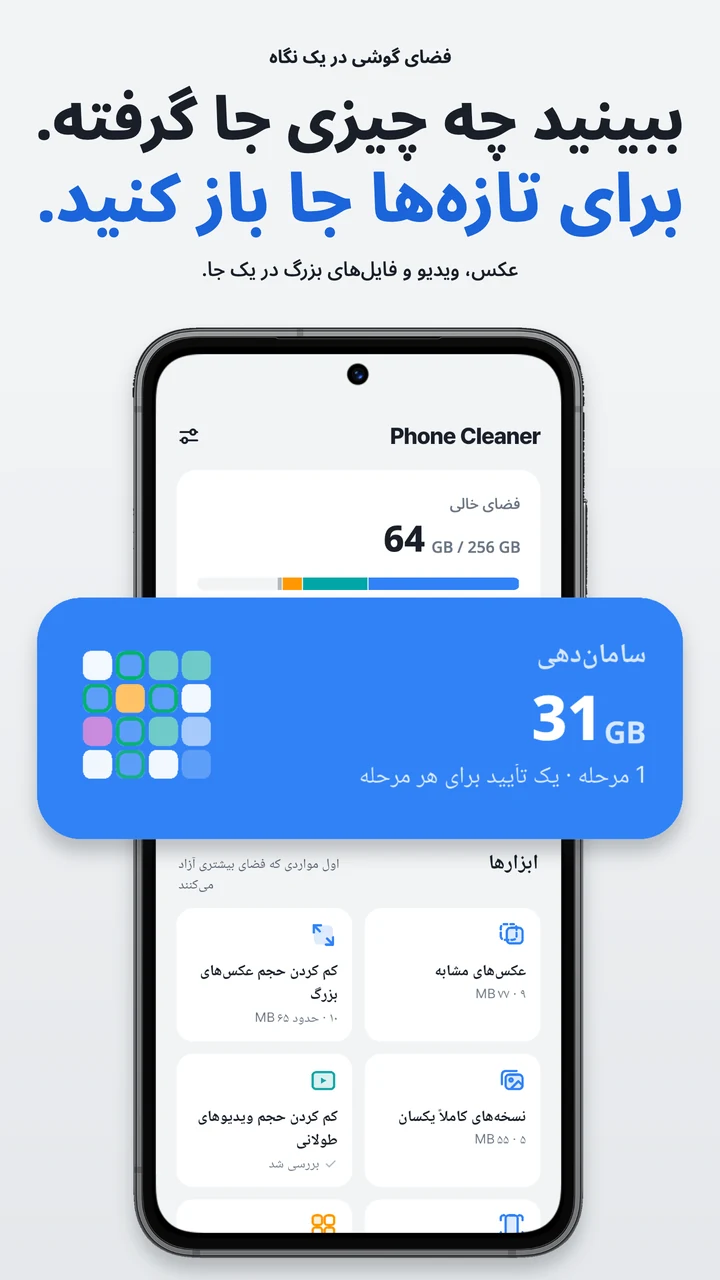 صفحهٔ اصلی با نمای کلی فضای ذخیره‌سازی و ابزارهای مرتب‌سازی