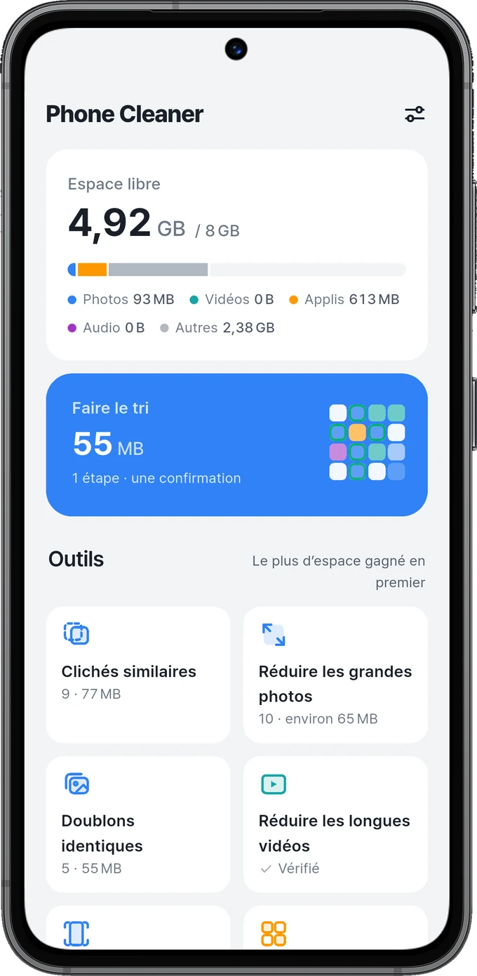 Écran d’accueil affichant le stockage et les outils de nettoyage