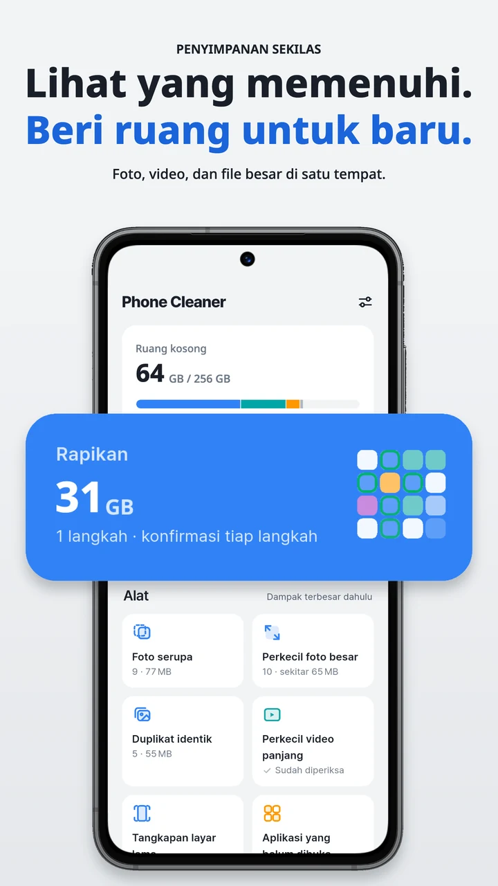 Layar utama dengan ringkasan penyimpanan dan alat pembersihan