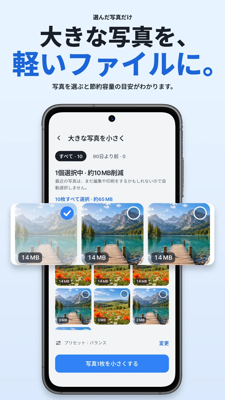 容量の大きな写真から、小さくするものを選択