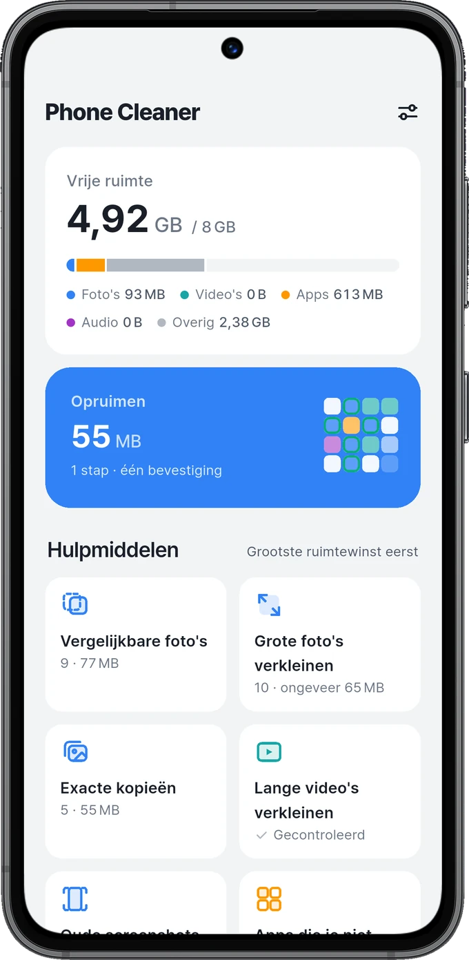 Startscherm met opslagruimte en opruimtools