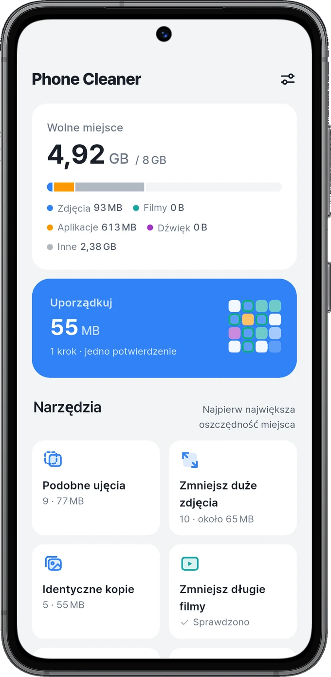 Ekran główny z informacjami o pamięci i narzędziami do porządkowania