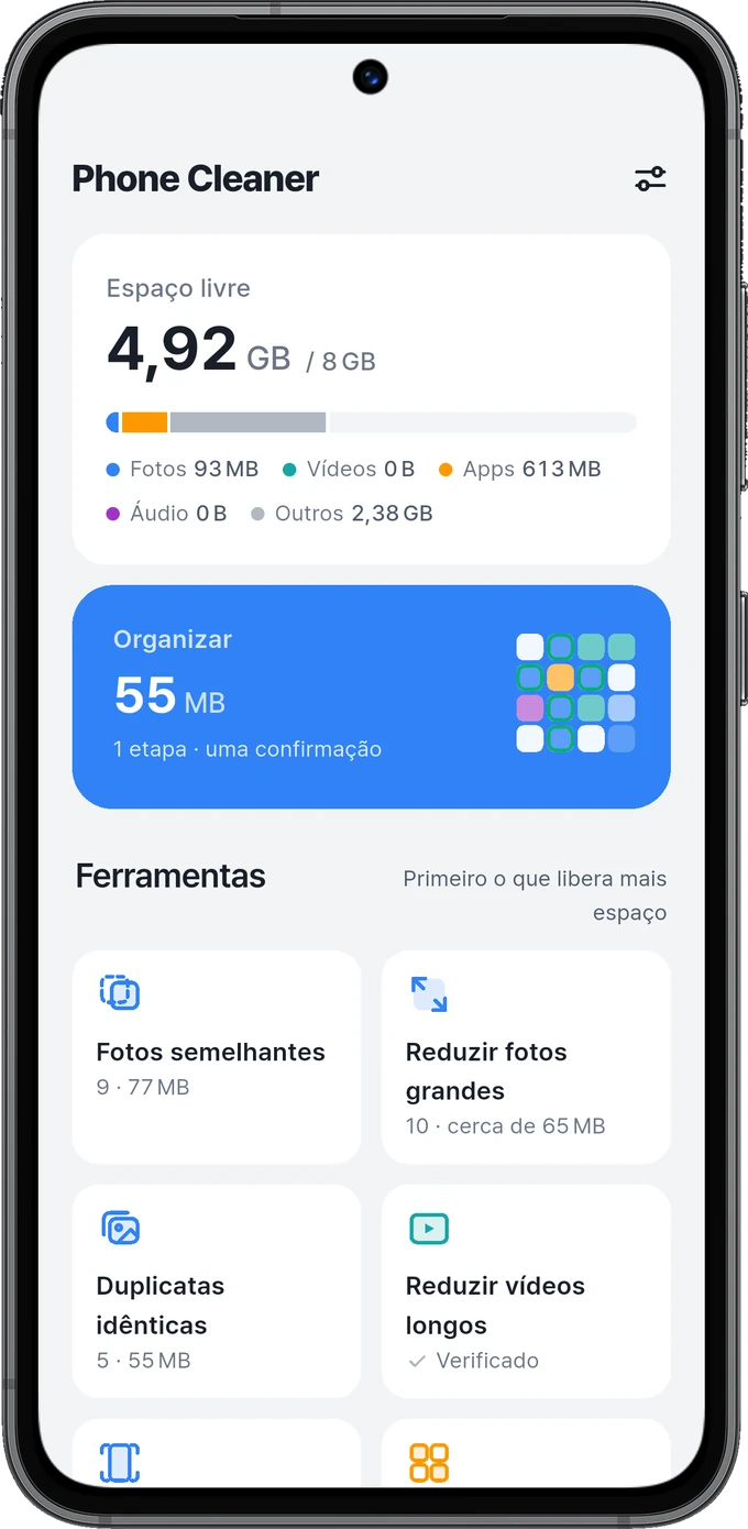 Tela inicial com armazenamento e ferramentas de limpeza