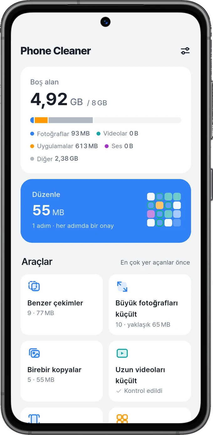 Depolama alanını ve temizlik araçlarını gösteren ana ekran